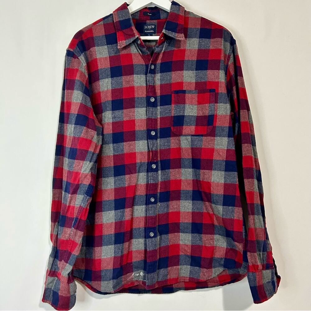 J. Crew Men’s Long Sleeve Plaid Flannel Button Down Shirt Red Blue Large FLAW